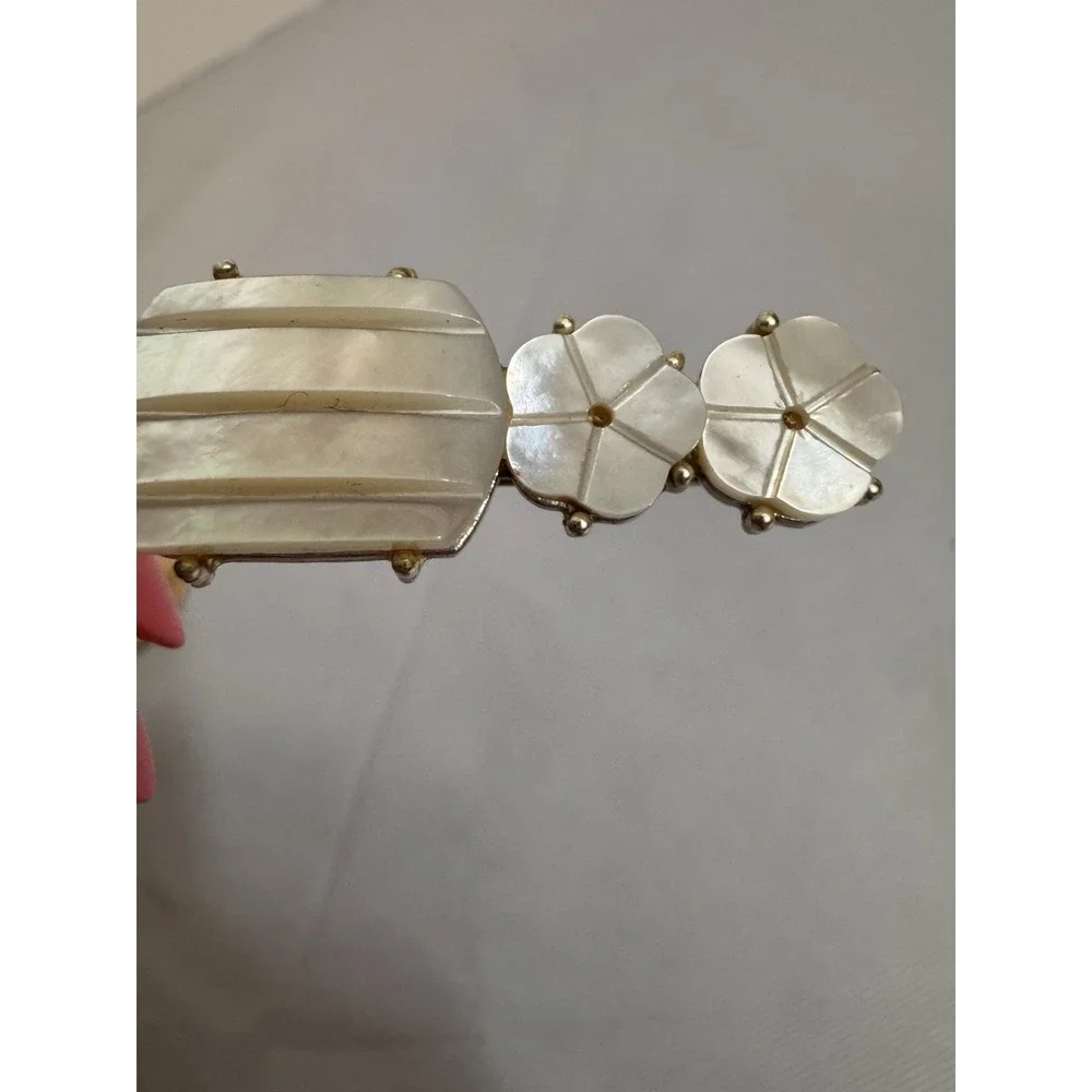 Vintage Carved Mother of Pearl Shell French Barrette Gold Tone Hair Clip White